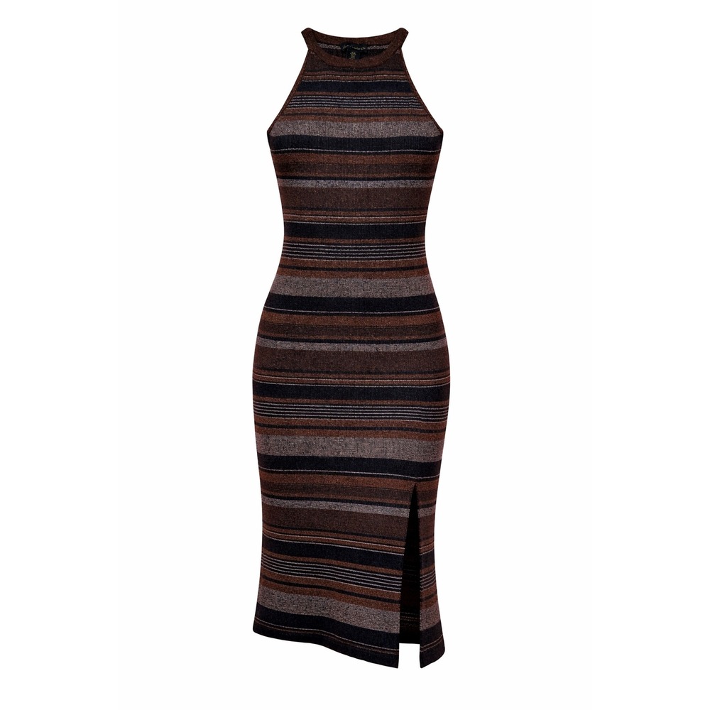 House of Harlow 1960 Metallic Striped Halter Midi Dress Brown Black Silver M
